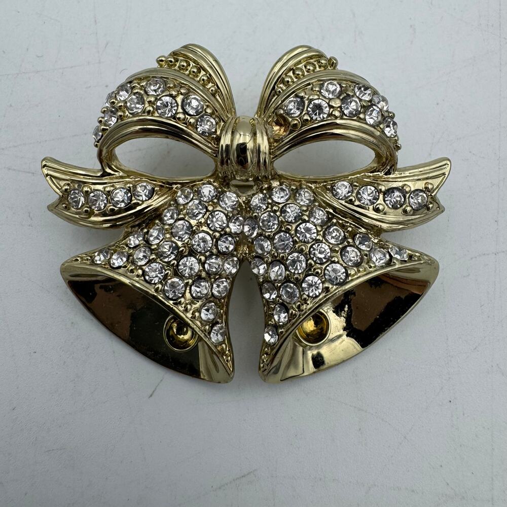 Gold Rhinestone Bell Bow Brooch Holiday Christmas Pin Vintage Statement Jewelry